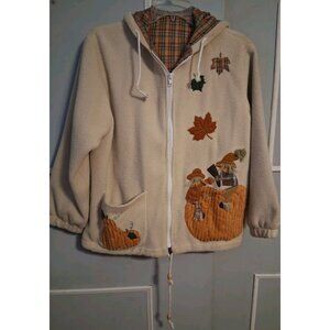 Fleece Zip Up Hoodie Scarecrows Pumpkins Fall Pockets Double Sided M Granny Core